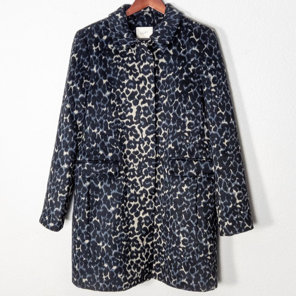 Ann Taylor LOFT Leopard Print Coat Navy Cream Size L Animal Statement Print